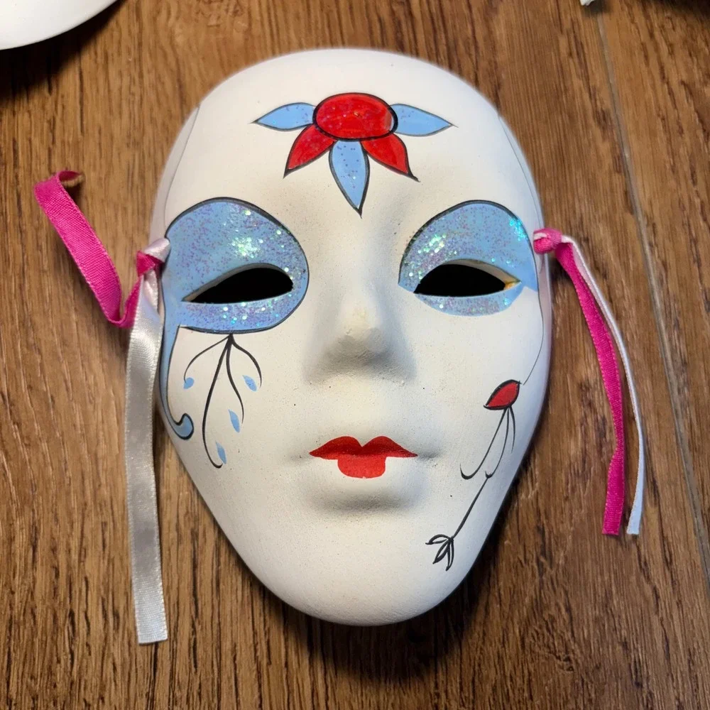 Vintage Hand Painted Ceramic Harlequin Masks Set of 3 Glitter Ribbon Decor 5.5in